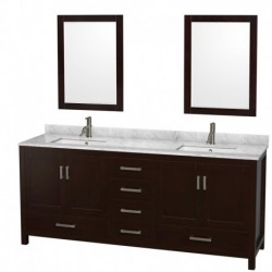 80 inch Double Bathroom Vanity in Espresso, White Carrera Marble Countertop, Undermount Square Sinks, and 24 inch Mirrors