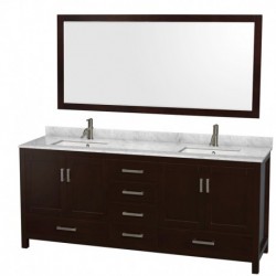 80 inch Double Bathroom Vanity in Espresso, White Carrera Marble Countertop, Undermount Square Sinks, and 70 inch Mirror