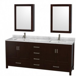 80 inch Double Bathroom Vanity in Espresso, White Carrera Marble Countertop, Undermount Square Sinks, and Medicine Cabinets