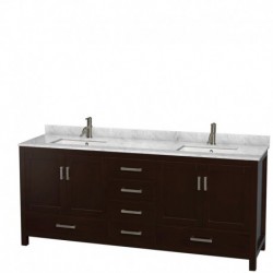 80 inch Double Bathroom Vanity in Espresso, White Carrera Marble Countertop, Undermount Square Sinks, and No Mirror