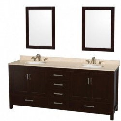 80 inch Double Bathroom Vanity in Espresso, Ivory Marble Countertop, Undermount Oval Sinks, and 24 inch Mirrors