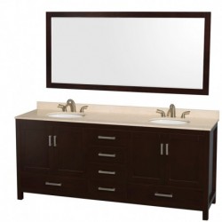80 inch Double Bathroom Vanity in Espresso, Ivory Marble Countertop, Undermount Oval Sinks, and 70 inch Mirror
