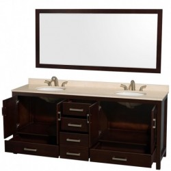 80 inch Double Bathroom Vanity in Espresso, Ivory Marble Countertop, Undermount Oval Sinks, and 70 inch Mirror