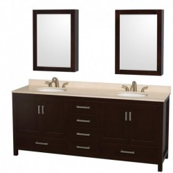 80 inch Double Bathroom Vanity in Espresso, Ivory Marble Countertop, Undermount Oval Sinks, and Medicine Cabinets