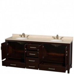 80 inch Double Bathroom Vanity in Espresso, Ivory Marble Countertop, Undermount Oval Sinks, and No Mirror