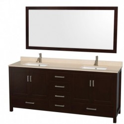 80 inch Double Bathroom Vanity in Espresso, Ivory Marble Countertop, Undermount Square Sinks, and 70 inch Mirror