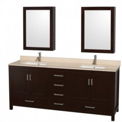 80 inch Double Bathroom Vanity in Espresso, Ivory Marble Countertop, Undermount Square Sinks, and Medicine Cabinets