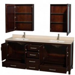 80 inch Double Bathroom Vanity in Espresso, Ivory Marble Countertop, Undermount Square Sinks, and Medicine Cabinets