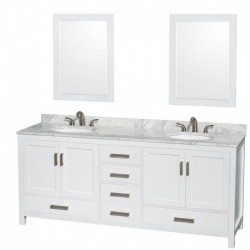 80 inch Double Bathroom Vanity in White, White Carrera Marble Countertop, Undermount Oval Sinks, and 24 inch Mirrors