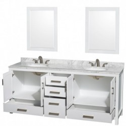 80 inch Double Bathroom Vanity in White, White Carrera Marble Countertop, Undermount Oval Sinks, and 24 inch Mirrors