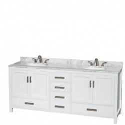 80 inch Double Bathroom Vanity in White, White Carrera Marble Countertop, Undermount Oval Sinks, and 24 inch Mirrors