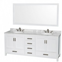 80 inch Double Bathroom Vanity in White, White Carrera Marble Countertop, Undermount Oval Sinks, and 70 inch Mirror