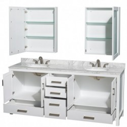 80 inch Double Bathroom Vanity in White, White Carrera Marble Countertop, Undermount Oval Sinks, and Medicine Cabinets