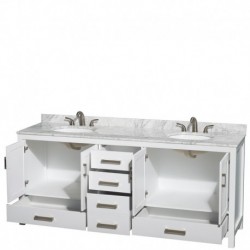 80 inch Double Bathroom Vanity in White, White Carrera Marble Countertop, Undermount Oval Sinks, and No Mirror