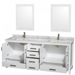 80 inch Double Bathroom Vanity in White, White Carrera Marble Countertop, Undermount Square Sinks, and 24 inch Mirrors