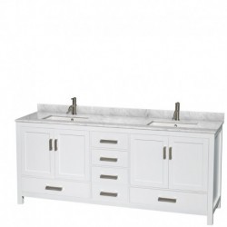 80 inch Double Bathroom Vanity in White, White Carrera Marble Countertop, Undermount Square Sinks, and 24 inch Mirrors