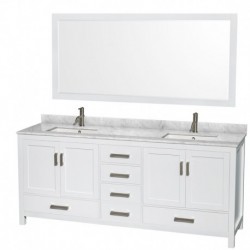 80 inch Double Bathroom Vanity in White, White Carrera Marble Countertop, Undermount Square Sinks, and 70 inch Mirror