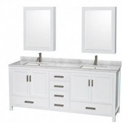 80 inch Double Bathroom Vanity in White, White Carrera Marble Countertop, Undermount Square Sinks, and Medicine Cabinets