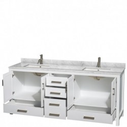 80 inch Double Bathroom Vanity in White, White Carrera Marble Countertop, Undermount Square Sinks, and No Mirror