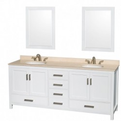 80 inch Double Bathroom Vanity in White, Ivory Marble Countertop, Undermount Oval Sinks, and 24 inch Mirrors