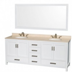 80 inch Double Bathroom Vanity in White, Ivory Marble Countertop, Undermount Oval Sinks, and 70 inch Mirror