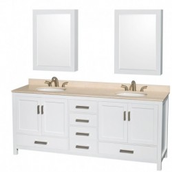 80 inch Double Bathroom Vanity in White, Ivory Marble Countertop, Undermount Oval Sinks, and Medicine Cabinets