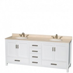 80 inch Double Bathroom Vanity in White, Ivory Marble Countertop, Undermount Oval Sinks, and No Mirror