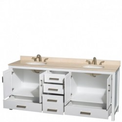 80 inch Double Bathroom Vanity in White, Ivory Marble Countertop, Undermount Oval Sinks, and No Mirror