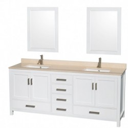 80 inch Double Bathroom Vanity in White, Ivory Marble Countertop, Undermount Square Sinks, and 24 inch Mirrors