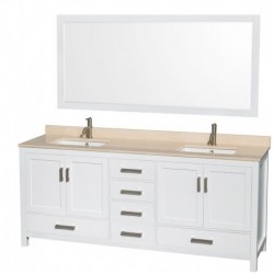 80 inch Double Bathroom Vanity in White, Ivory Marble Countertop, Undermount Square Sinks, and 70 inch Mirror