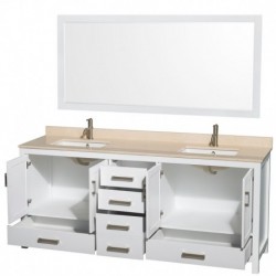 80 inch Double Bathroom Vanity in White, Ivory Marble Countertop, Undermount Square Sinks, and 70 inch Mirror