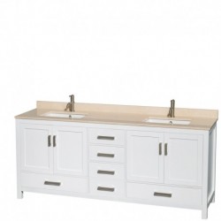 80 inch Double Bathroom Vanity in White, Ivory Marble Countertop, Undermount Square Sinks, and 70 inch Mirror