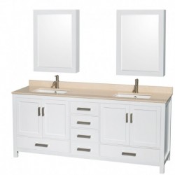 80 inch Double Bathroom Vanity in White, Ivory Marble Countertop, Undermount Square Sinks, and Medicine Cabinets