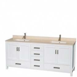 80 inch Double Bathroom Vanity in White, Ivory Marble Countertop, Undermount Square Sinks, and Medicine Cabinets