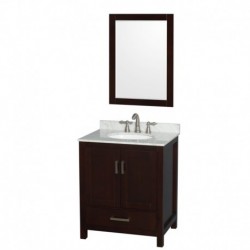 30 inch Single Bathroom Vanity in Espresso, White Carrera Marble Countertop, Undermount Oval Sink, and 24 inch Mirror