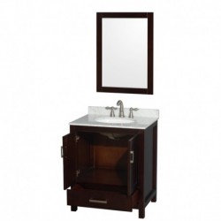 30 inch Single Bathroom Vanity in Espresso, White Carrera Marble Countertop, Undermount Oval Sink, and 24 inch Mirror