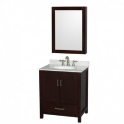 30 inch Single Bathroom Vanity in Espresso, White Carrera Marble Countertop, Undermount Oval Sink, and Medicine Cabinet