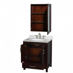 30 inch Single Bathroom Vanity in Espresso, White Carrera Marble Countertop, Undermount Oval Sink, and Medicine Cabinet