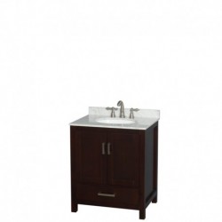 30 inch Single Bathroom Vanity in Espresso, White Carrera Marble Countertop, Undermount Oval Sink, and No Mirror