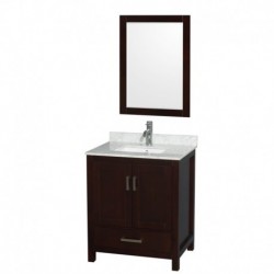 30 inch Single Bathroom Vanity in Espresso, White Carrera Marble Countertop, Undermount Square Sink, and 24 inch Mirror