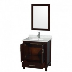 30 inch Single Bathroom Vanity in Espresso, White Carrera Marble Countertop, Undermount Square Sink, and 24 inch Mirror