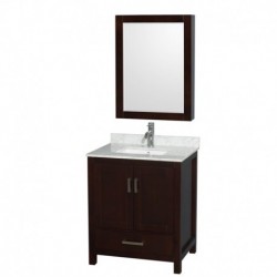 30 inch Single Bathroom Vanity in Espresso, White Carrera Marble Countertop, Undermount Square Sink, and Medicine Cabinet