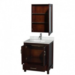 30 inch Single Bathroom Vanity in Espresso, White Carrera Marble Countertop, Undermount Square Sink, and Medicine Cabinet