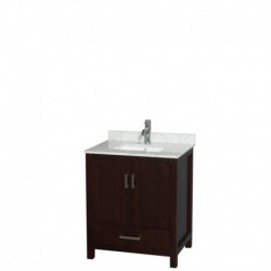 30 inch Single Bathroom Vanity in Espresso, White Carrera Marble Countertop, Undermount Square Sink, and No Mirror