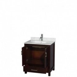 30 inch Single Bathroom Vanity in Espresso, White Carrera Marble Countertop, Undermount Square Sink, and No Mirror
