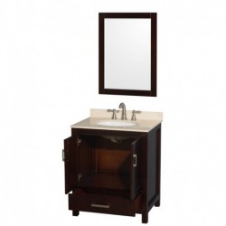 30 inch Single Bathroom Vanity in Espresso, Ivory Marble Countertop, Undermount Oval Sink, and 24 inch Mirror