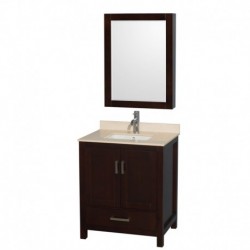 30 inch Single Bathroom Vanity in Espresso, Ivory Marble Countertop, Undermount Square Sink, and Medicine Cabinet