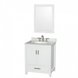 30 inch Single Bathroom Vanity in White, White Carrera Marble Countertop, Undermount Oval Sink, and 24 inch Mirror