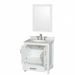 30 inch Single Bathroom Vanity in White, White Carrera Marble Countertop, Undermount Oval Sink, and 24 inch Mirror