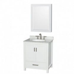 30 inch Single Bathroom Vanity in White, White Carrera Marble Countertop, Undermount Oval Sink, and Medicine Cabinet